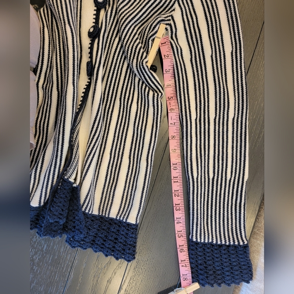 ANTHROPOLOGIE SPARROW SZ S Blue & Ivory Striped Cardigan Sweater Crochet Trim - Picture 10 of 10